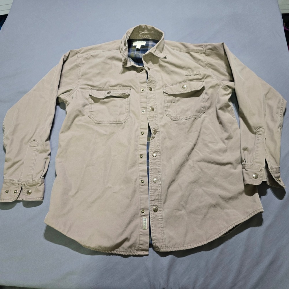 Cabela's Flannel Lined Shirt Jacket Mens LT Tan Plaid Rugged Cotton